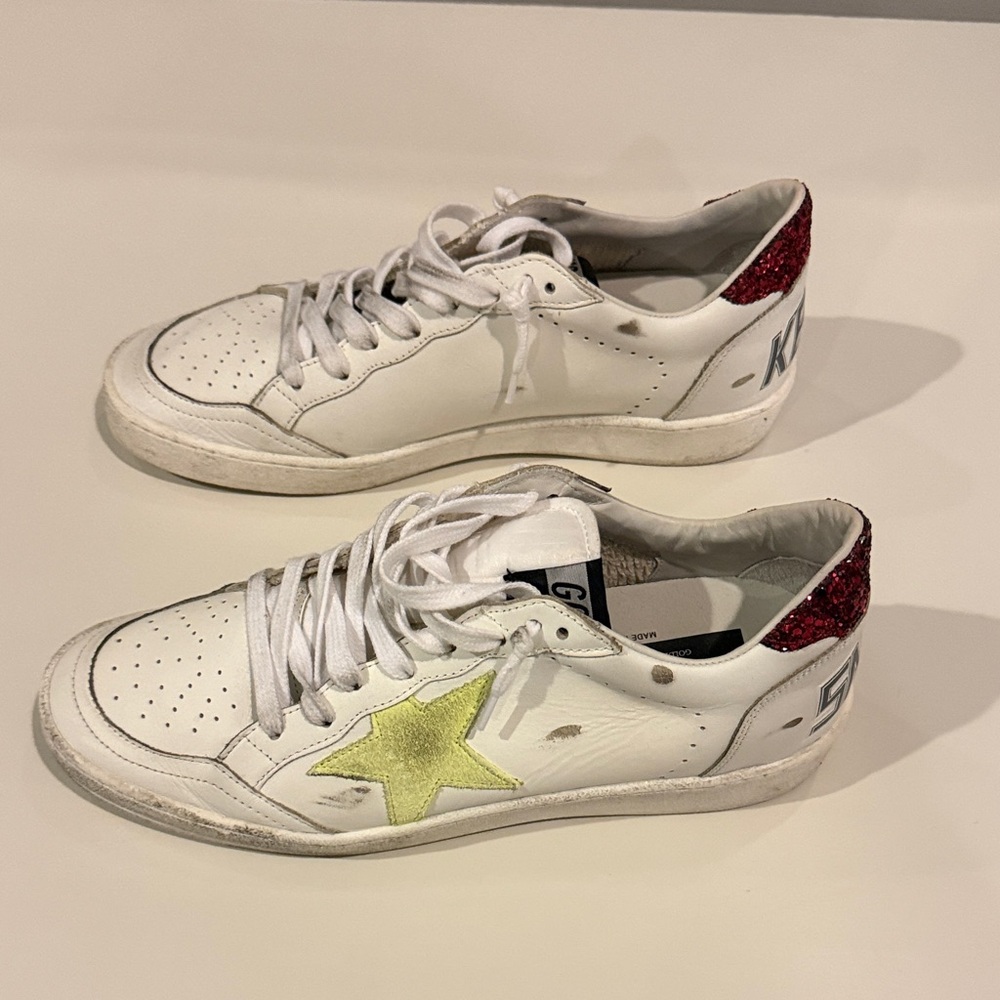 Golden Goose-size 41-Leather Sneakers with Yellow Star & Red Glitter Heel-women